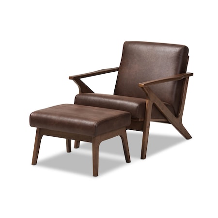 Baxton Studio Bianca Walnut Wood Brown Faux Leather Lounge Chair and Ottoman Set 140-7544-7547
